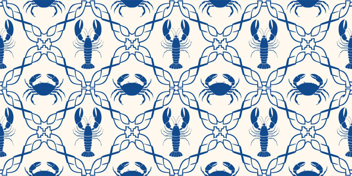 Elegant seamless pattern with blue lobsters and crabs on a cream background, maritime design