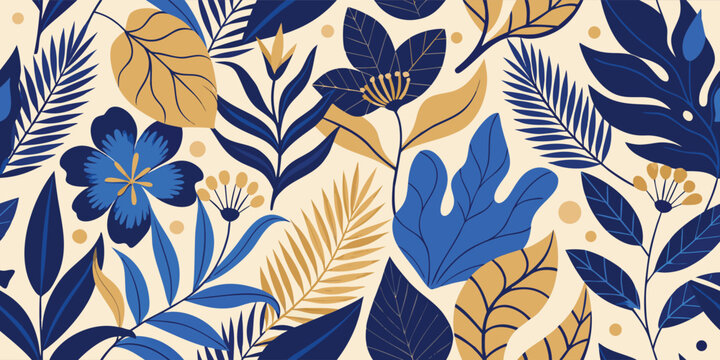 Elegant tropical leaf and flower seamless pattern in navy blue and gold tones for luxurious botanical wallpaper and fabric design