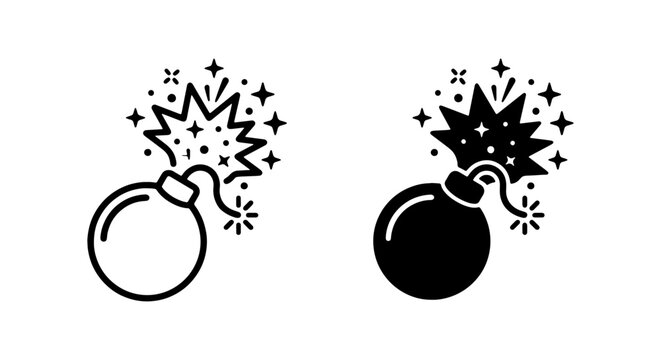 Exploding bomb icon, black outline and solid fill, danger and warning symbol vector