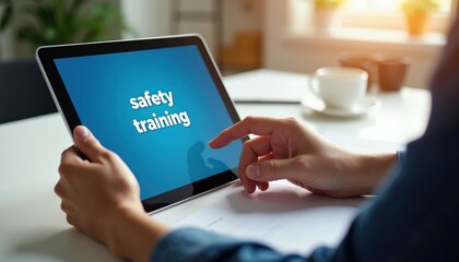 Obraz na płótnie Canvas Person uses tablet for online safety training course. Digital learning provides workplace education and skill development. Interactive application for employee awareness.