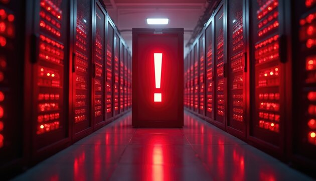 Red exclamation mark glows on server rack in dark data center aisle. Rows of computers blink red lights indicating critical system failure, error, or urgent maintenance needed.