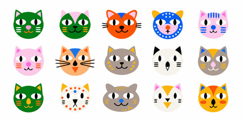 colorful stylized cat faces grid on white background © Barsha