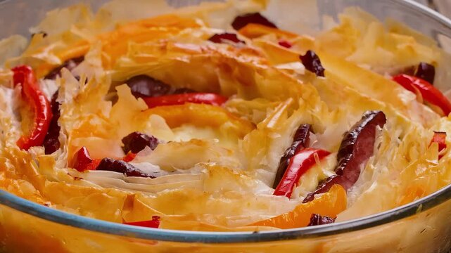 Hand places a glass dish with a golden baked phyllo pie filled with ham and vegetables. The crispy pastry with savory filling looks delicious on the table