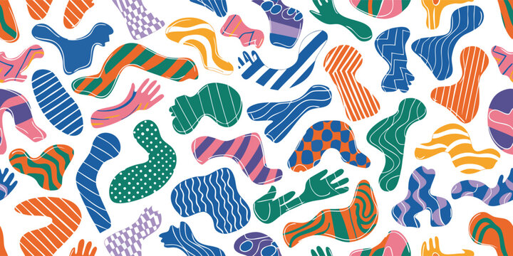 Abstract seamless pattern with organic shapes and geometric textures featuring hand drawn blobs with stripes dots and checkerboard patterns
