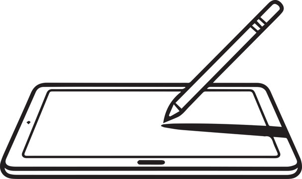 A black line drawing of a stylus on a smartphone screen isolated on white background