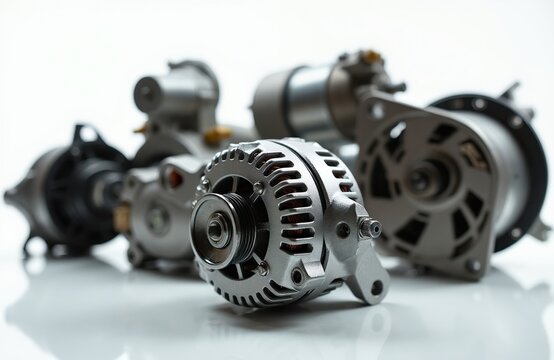 Collection of car alternators and starters on white surface. Automotive electrical parts for vehicle repair maintenance and engine power systems. Components for car truck van.