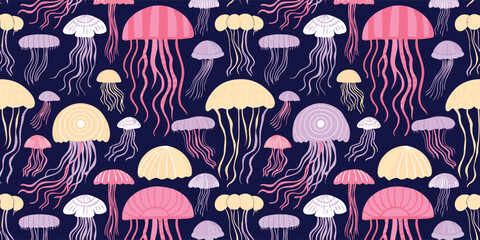 Seamless pattern with hand drawn jellyfish on dark blue background for underwater world fabric design © Sadhin07
