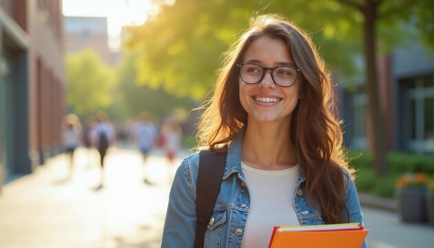 Young smiling woman with glasses and backpack walks on university campus holding books. Female student outdoor ready for new school year, bright sunny day, urban environment.