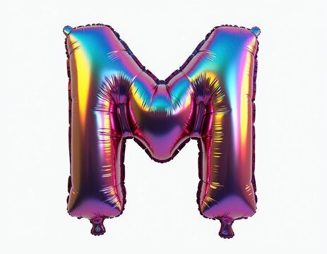 Iridescent foil balloon shaped like letter M floats against white background. Shiny metallic party decoration has vibrant rainbow color gradient. Ideal for celebrations and events.