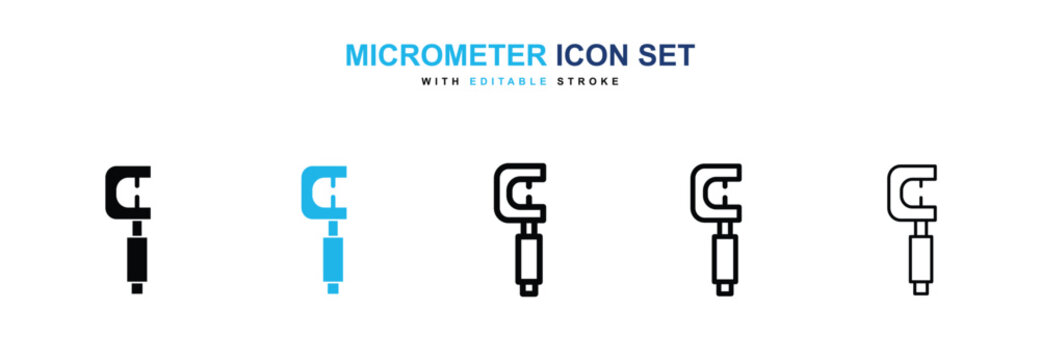 Micrometer icons vector collection in black and blue colors on white background