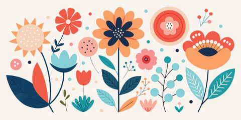 Abstract floral composition with colorful folk art style flowers and botanical leaves © Sadhin07