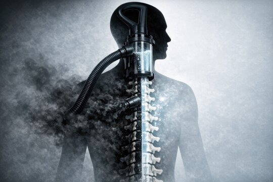 A person wearing a gas mask on their back, possibly for protection or to make a statement