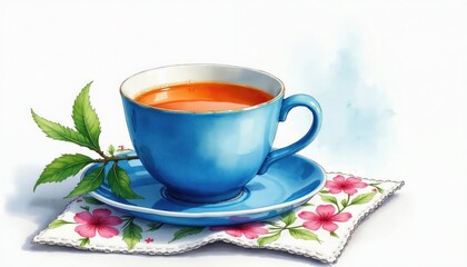 Fototapeta premium Blue watercolor cup with orange tea sits on saucer. Floral napkin with pink flowers and green leaves adds charm. This artful beverage invites calm and cozy refreshment.