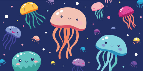 Cute smiling jellyfish in deep blue ocean, underwater cartoon sea animals background, happy marine creatures wallpaper © Sadhin07