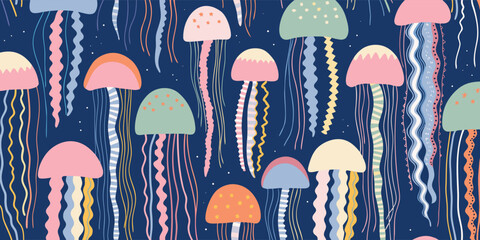 Stylized jellyfish pattern over dark blue ocean background with wavy tentacles © Sadhin07