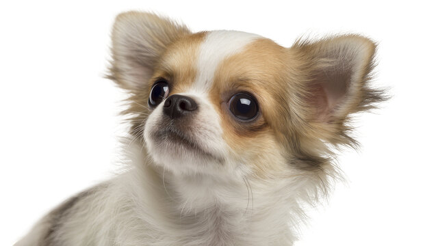 Isolated adorable long-haired Chihuahua puppy with big dark eyes looking up curiously