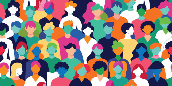 Flat vector illustration of a diverse crowd with various skin tones and hair colors showing unity and community