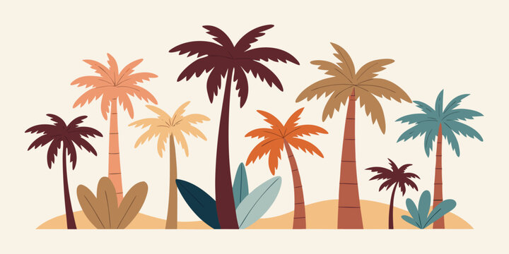 Colorful palm trees with tropical foliage on sandy ground, forming a vibrant island landscape