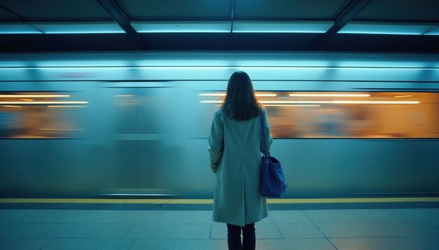 Woman in coat waits on subway platform as train speeds past. Blurred motion creates sense of speed and urban transit. Evening lighting adds moody atmosphere.