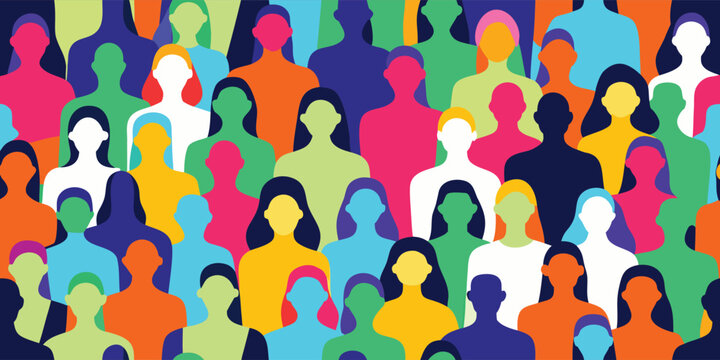 Diverse crowd of people silhouettes in vibrant colors forming seamless community background pattern