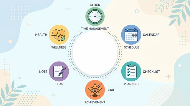 Time management and productivity circular infographic showing icons for health, calendar, checklist, goal, and note taking National Simplify Your Life Week