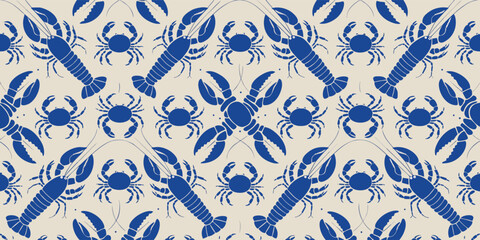 Seamless pattern of blue lobsters and small crabs in repeating arrangement, ideal for marine themes © Sadhin07