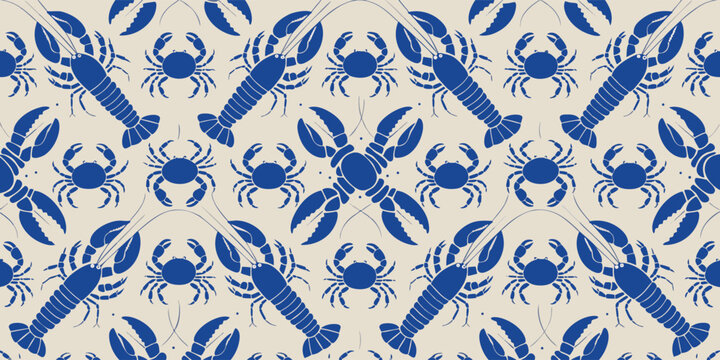 Seamless pattern of blue lobsters and small crabs in repeating arrangement, ideal for marine themes