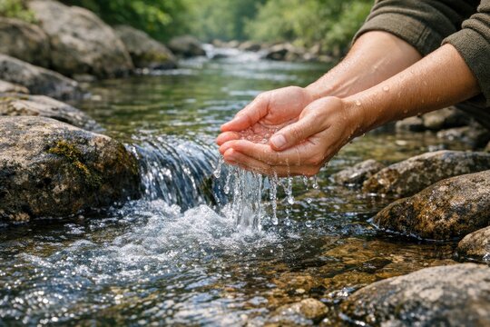 A person holds their hands above the surface of a stream, with water flowing beneath