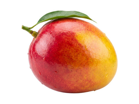 Ripe mango with green leaf isolated on transparent background