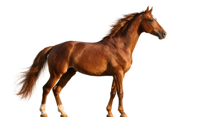 Isolated majestic brown horse standing with flowing mane and tail, powerful animal profile © Ioana