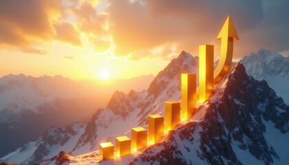 Obraz premium Golden bar chart with arrow on snowy mountain peak during sunset sunrise. Represents business growth success progress. Financial economic concept with upward trend.