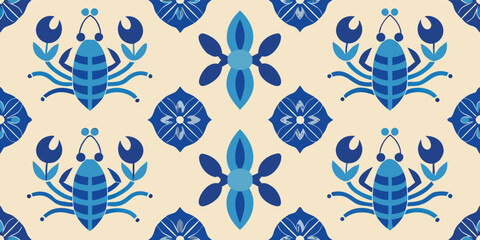 Blue crab pattern in vintage ceramic tile style with geometric elements and nautical floral motifs © Sadhin07