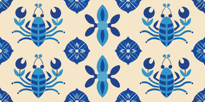 Blue crab pattern in vintage ceramic tile style with geometric elements and nautical floral motifs