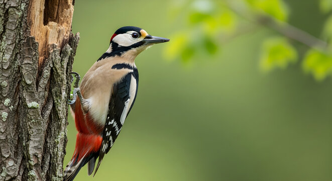 Great spotted woodpecker clinging to a tree trunk in a lush green forest