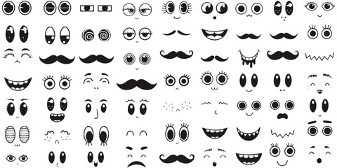 Obraz premium Cartoon eye and mouth expressions collection featuring various emotions and mustache styles