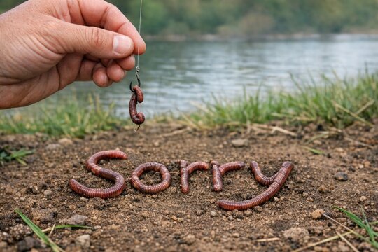 A person apologizing with a worm on top of the words 'sorry' or 'apologetic', suitable for illustrations, s, and humorous situations