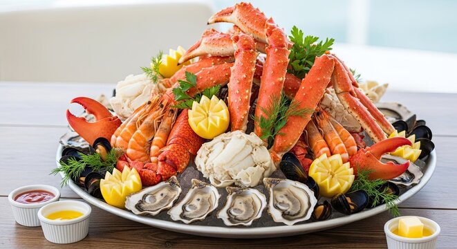 Gourmet seafood tower with crab legs lobster and fresh oysters