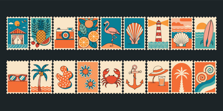 Collection of summer vacation postage stamps featuring beach and travel elements in retro style