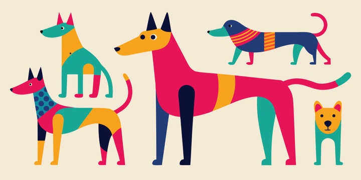 Set of unique abstract dog illustrations in vibrant colors, showcasing various breeds and artistic styles on a light background