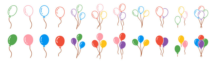 Naklejka premium Birthday balloon bouquet icon set with colorful outline and filled party decoration vector collection