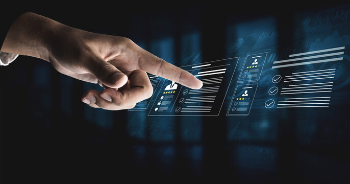 Close-up of a hand interacting with a futuristic digital interface. The display features user information, metrics, and visual elements for data analysis in a tech-forward environment. Cyphers