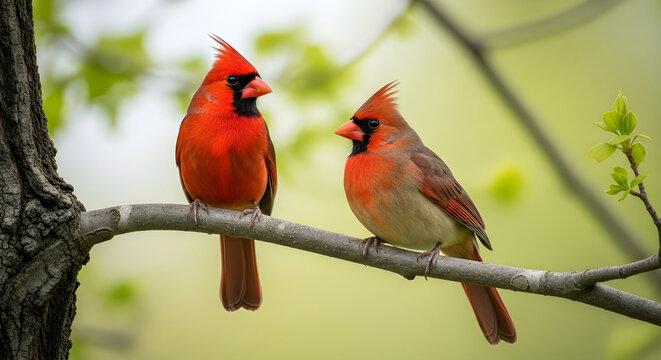Northern cardinals perched on branch male and female birds in nature