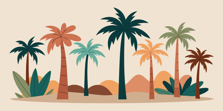Tropical landscape with stylized palm trees and rolling hills under a muted sky