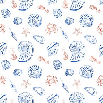 Hand Drawn Nautical Seamless Pattern with Seashells, Crabs and Seahorses