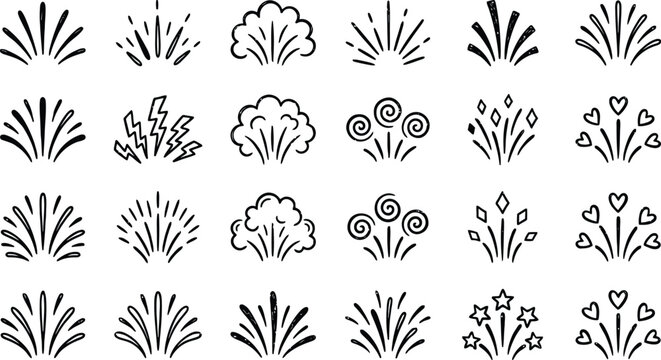 Doodle firework icons set featuring various hand drawn explosion shapes and decorative celebration design elements
