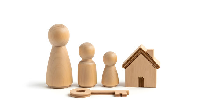 Wooden family figures and house symbolizing home ownership and security.