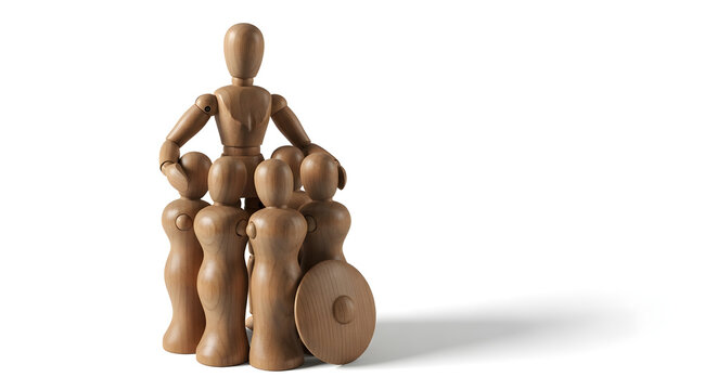 Wooden mannequin protecting family group standing on white background with shadow.