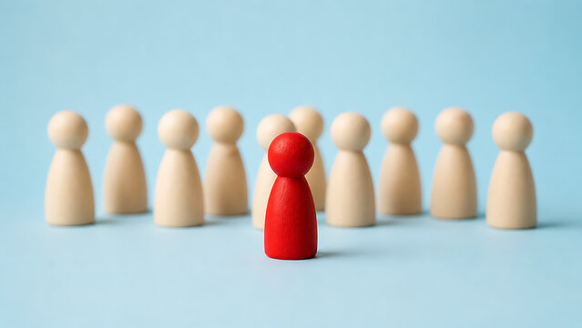 Leadership and individuality concept with unique red wooden figure standing out from group on blue background representing confidence and distinction