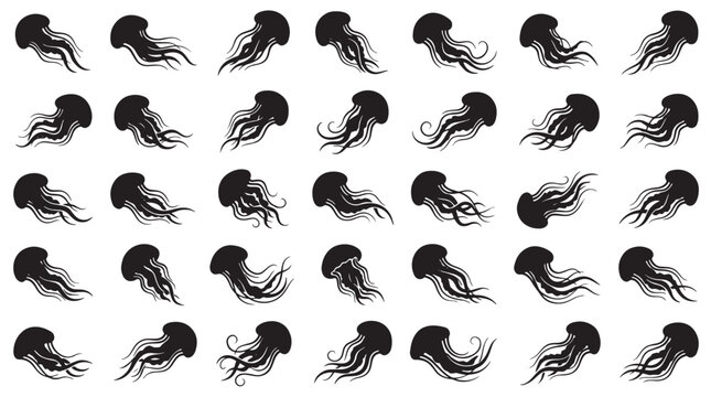Jellyfish Flow Drift Motion Silhouettes Set Pack, Editable Vector Stroke Illustrations. containing  and more marine silhouettes