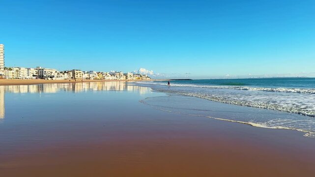 Beach landscape at sunset in Rota, Cadiz, Andalusia. Costilla Beach, in the city center